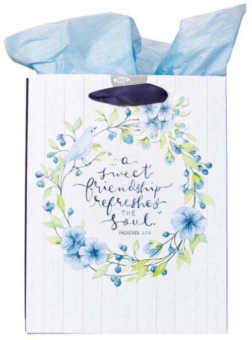 1220000134454 Blue Floral Gift Bag w/Tissue Paper: A Sweet Friend Proverbs 27:9 Verse