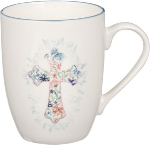 1220000323797 Encouraging Ceramic Coffee & Tea Mug for Women: Pink & Light Blue Floral Cross