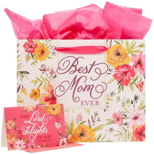 1220000139503 Pink Floral Landscape Gift Bag Set w/Card Best Mom Ever Isa. 62:4