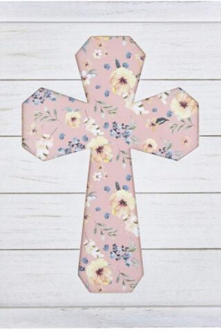 886083737640 Wall Cross White With Coral Floral