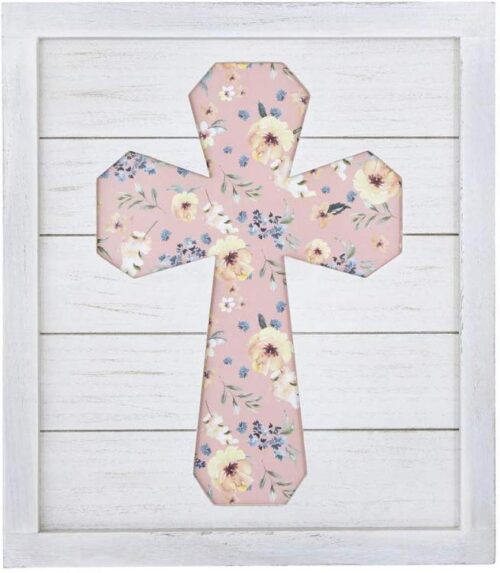 886083737640 Wall Cross White With Coral Floral