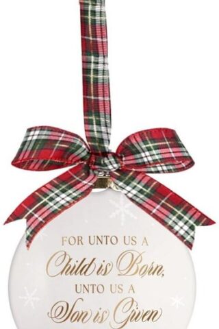1220000329195 Small Decorative Ceramic Ball Christmas Ornament with Satin Ribbon: Unto Us a Ch