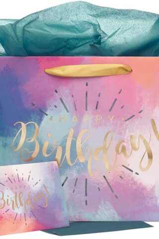 1220000133396 Happy Birthday Women's Large Gift Bag Set w/Card & Tissue Paper Blue Pink Purple