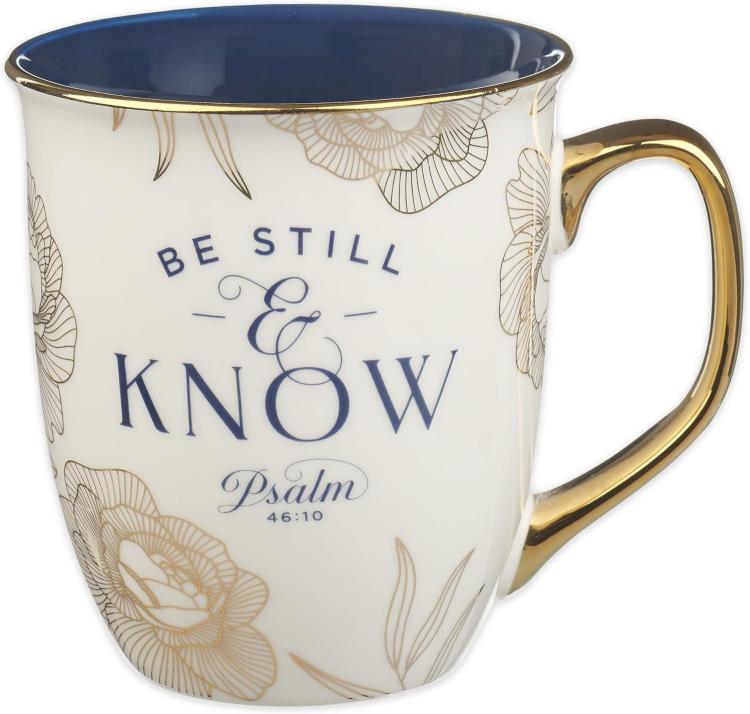 1220000327535 Be Still And Know Blue And Gold Floral Ceramic Mug - Psalm 46:10